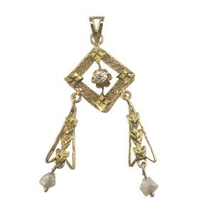 14 Karat Yellow Gold, Diamond and Seed Pearl Pendant #16768